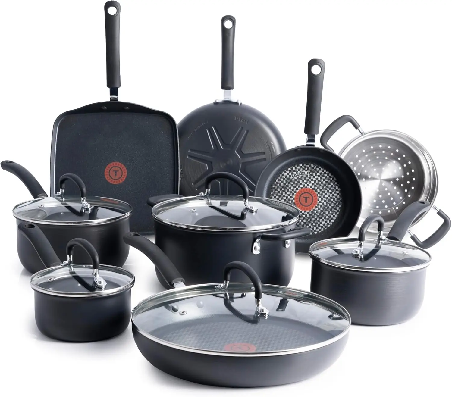 

Ultimate Hard Anodized Nonstick Cookware Set 14 Piece, Oven Broiler Safe 400F, Lid Safe 350F, Kitchen Cooking Set w/Fry Pans, Sa