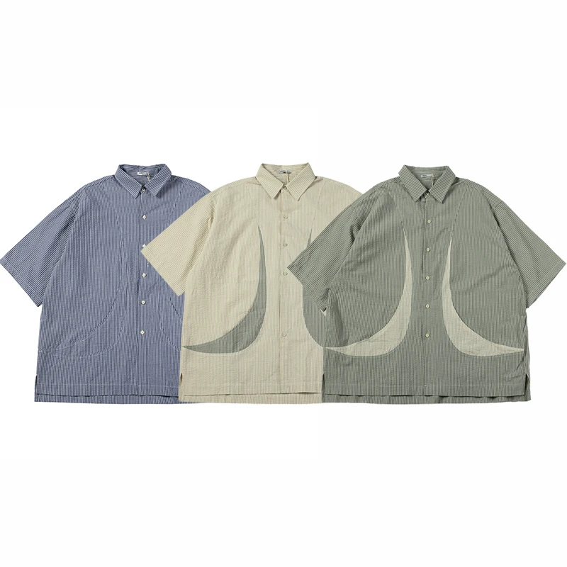 Men Cityboy Seersucker Cotton Loose Casual Oversize Short Sleeve Cargo Shirts Japanese Korean Streetwear Vintage Shirt Blouses