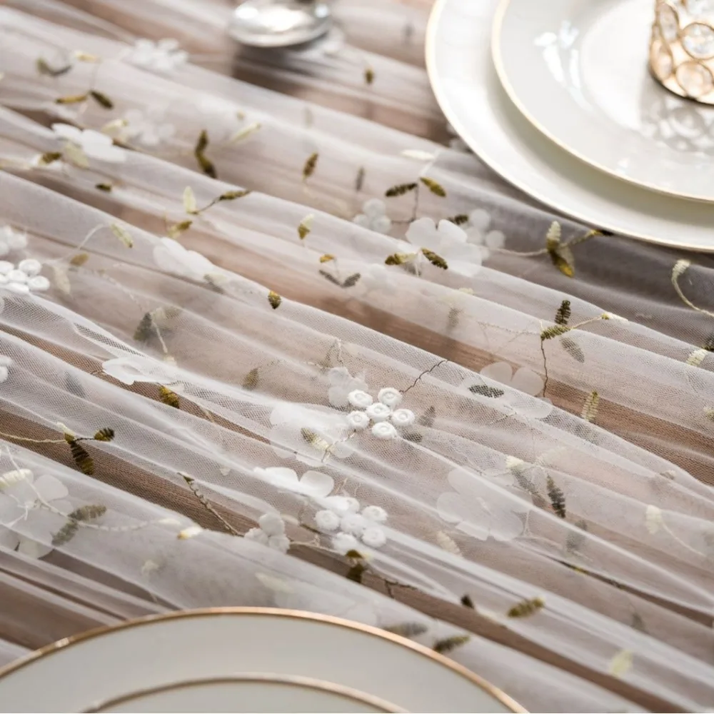 70x300CM Tulle Table Runner Floral Embroidery Lace Floral Table Runner Sheer Polyester Embroidered Lace Table Runner