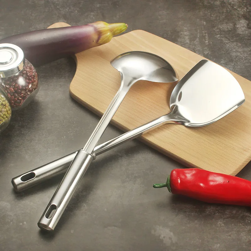 Ustensiles de cuisine en acier inoxydable, passoire en argent poli, spatule à soupe, accessoires ménagers simples