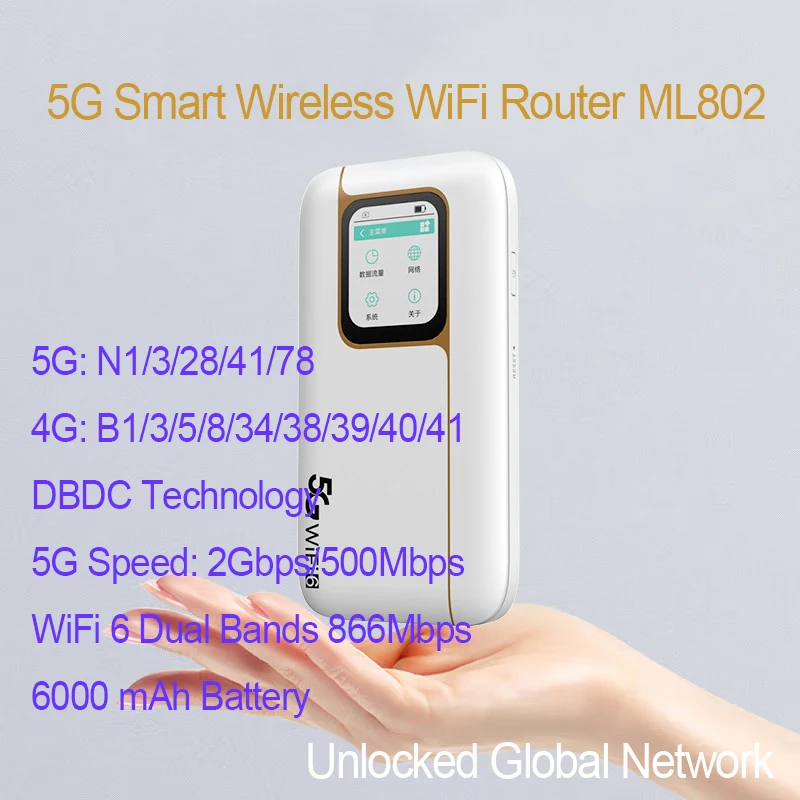 

Dual Bands 5G Mobile Wi-Fi 6 Hotspot ML802 6000mAh 2.0Gbps 5G Pocket MiFi 4G LTE WiFi Router With Sim Card Slot