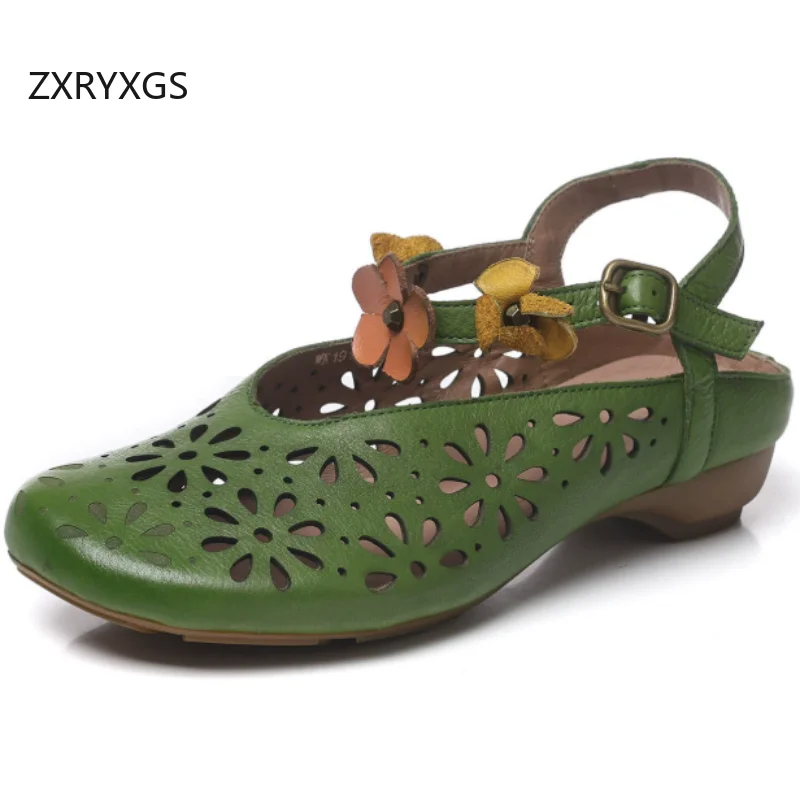 

ZXRYXGS Premium Full Genuine Leather Hollow Flowers Women Fashion Sandals 2026 New Summer Breathable Women's Banquet Sandals