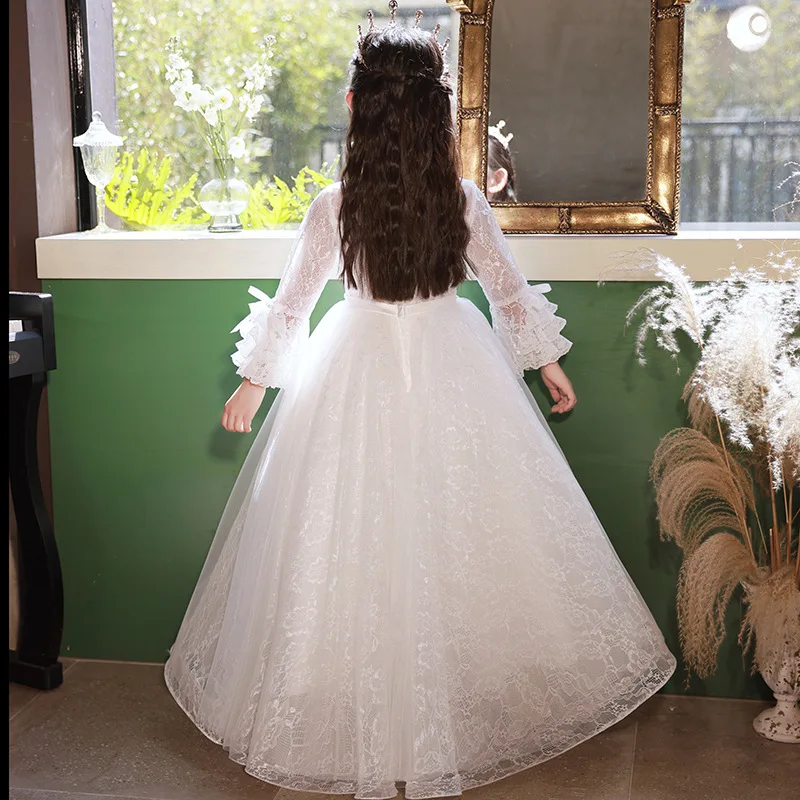 Kids Dresses For birthday Party Wedding costume Lace white pearl Beading Long sleeved Children Pageant Gown Girls Princess Dress