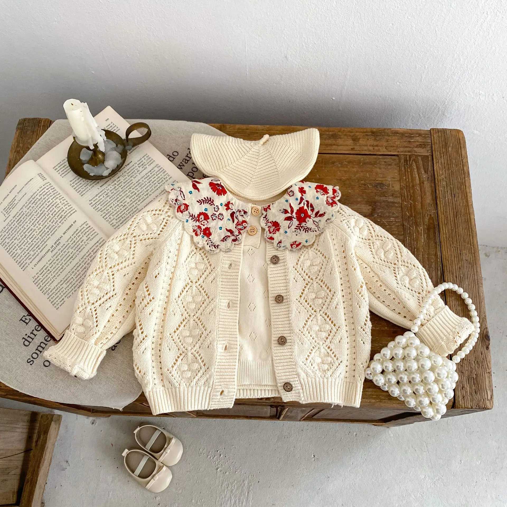 

Spring Baby Clothing Girl Hollow Knitted Long sleeved Solid Coat Fashion Versatile Sweater Cardigan