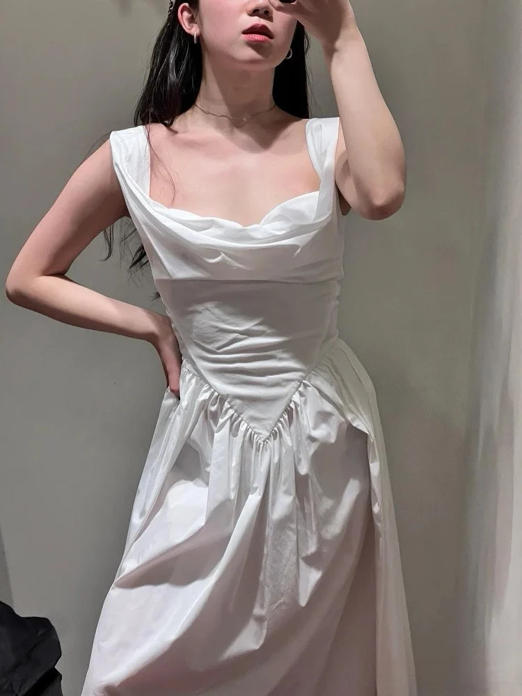 Noou Sle المطرزة Svel Long Dr المرأة سليم صالح ثوب U-Neline القطن عالية الخصر ألف خط تنورة