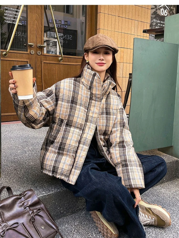 النسخة الكورية منقوشة الوقوف طوق أسفل سترة المرأة فضفاضة وسميكة كسول ريترو ستايل موضة سترة بيضاء أسفل البط