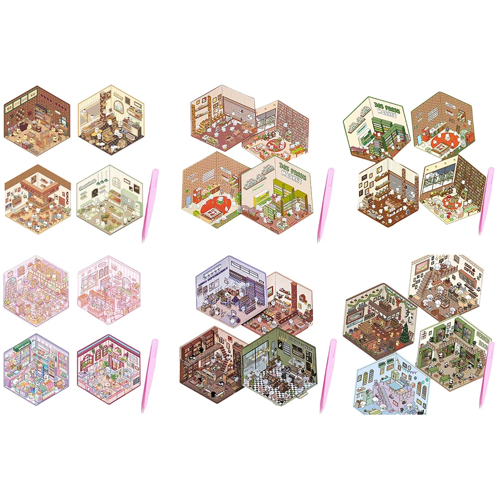 4 Uds. De pegatinas 3D, bonitas pegatinas apilables y pegadas de escena de cabina, pegatinas pequeñas para mascotas, pegatinas apilables visuales DIY para niños adultos