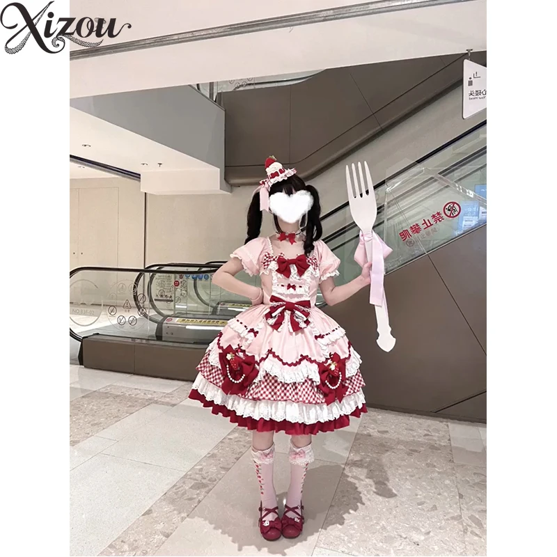 2025 สตรอเบอร์รี่สีชมพูLolita OP Sweet Kawaii Tutuเค้กเจ้าหญิงญี่ปุ่นโบว์ลูกไม้ลายสก๊อตSplicing Victorianพัฟแขน