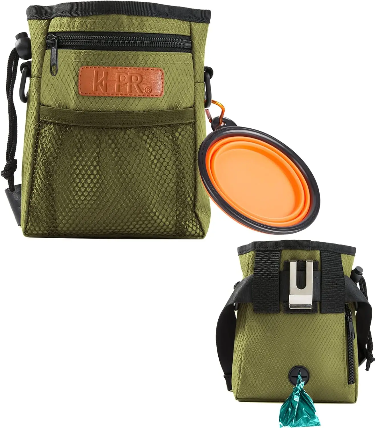 

Сумка для дрессировки собак с диспенсером для пакетов для экскрементов и складной миской, цвет армейский зеленый