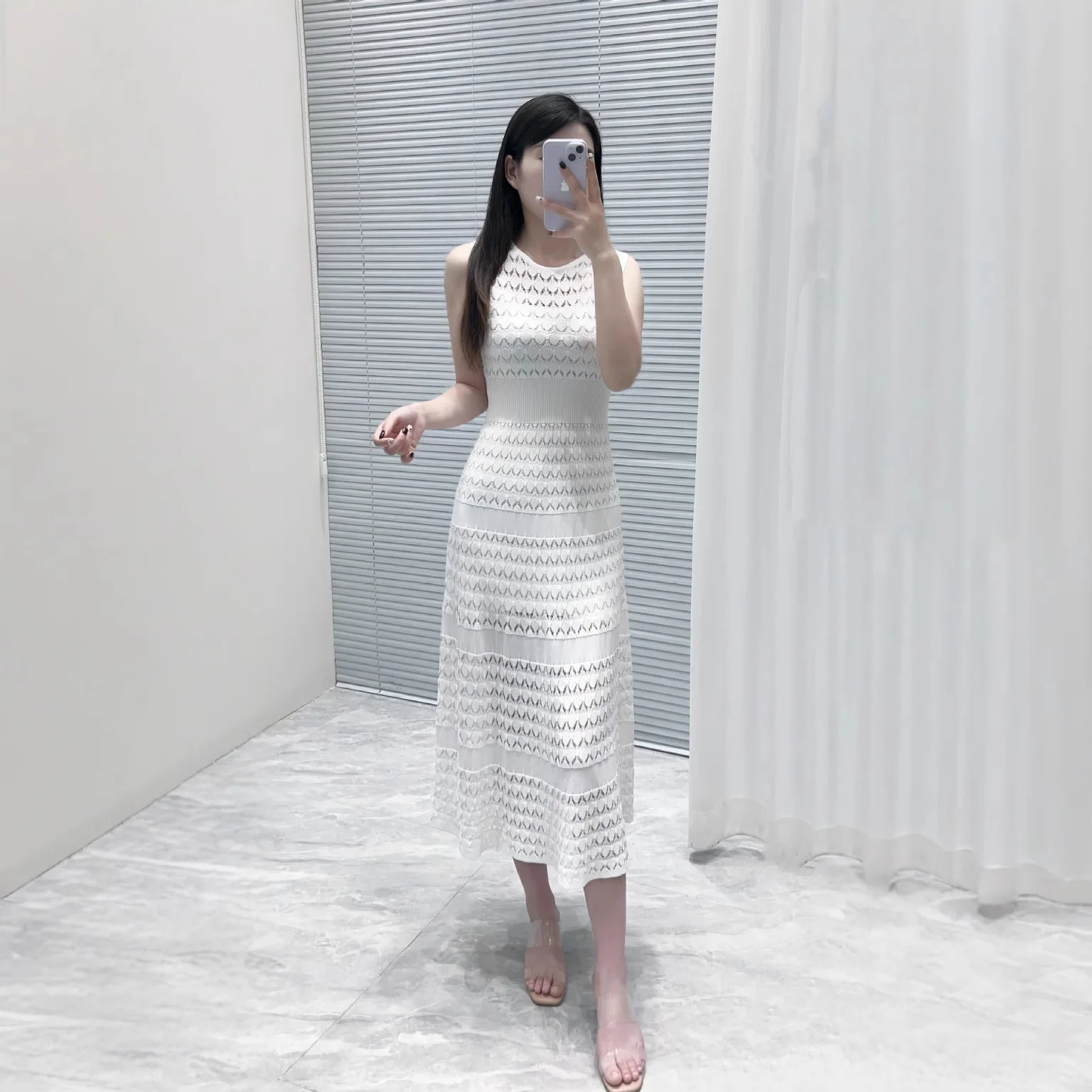 女性ブルーラウンドネックニットドレスノースリーブハイウエストフェスティバルパーティーミディローブ