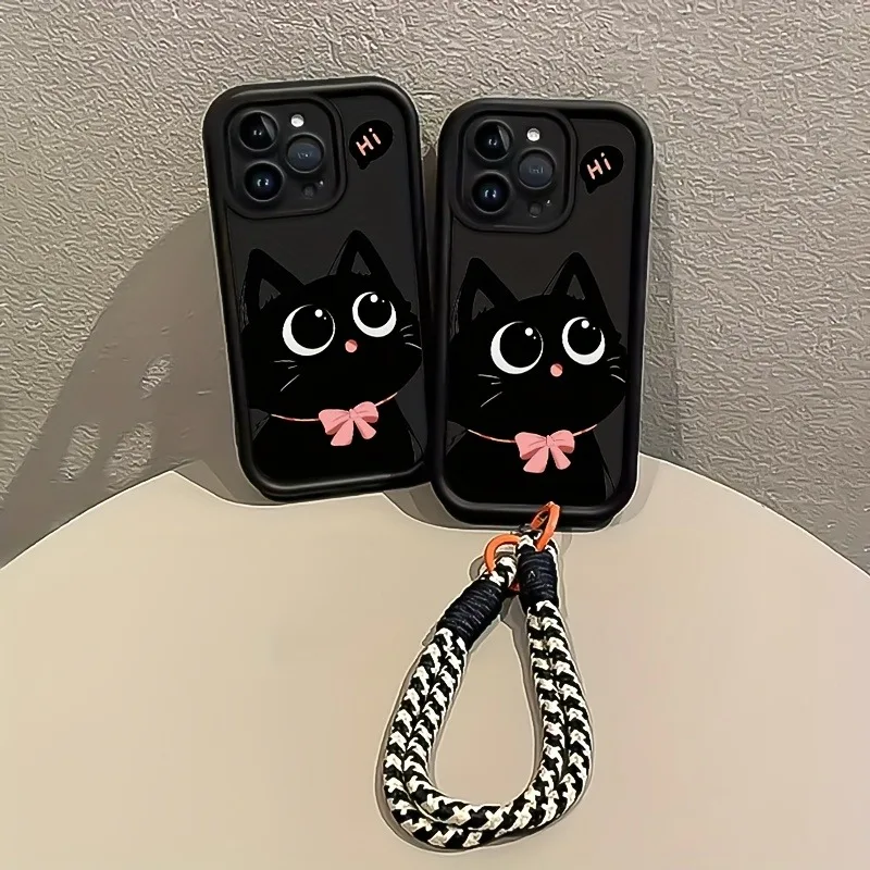 Cute Black Cat Hang Strap Silicone Phone Case For iPhone 11 12 13 14 15 16 17 Pro Max X XS XR 7 8 Plus 16E 17Air Soft Cover - náhled 6