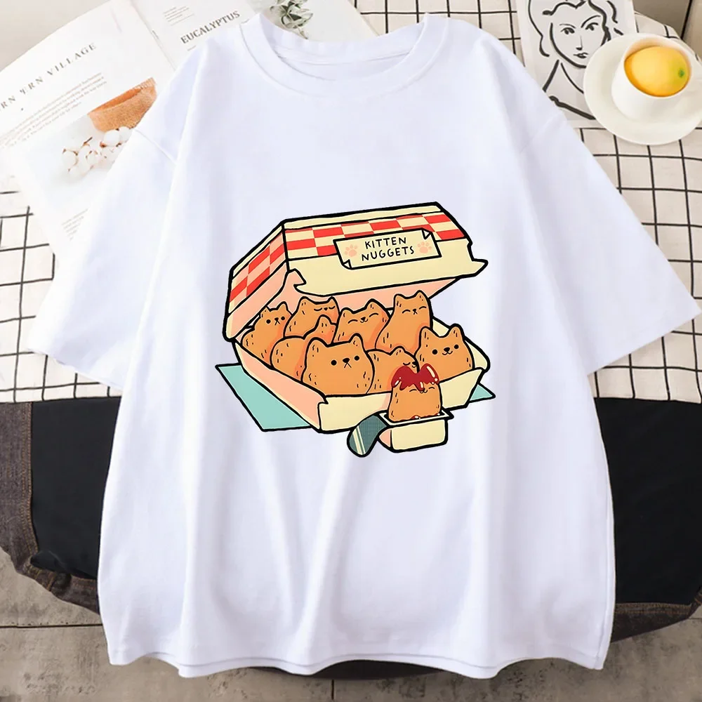 Kitten Nuggets Happy T Shirts WOMEN Kawaii/cute High Street Tshirts 100% Cotton T-shirts Cat Biscuits Dipping Sauce Short Sleeve