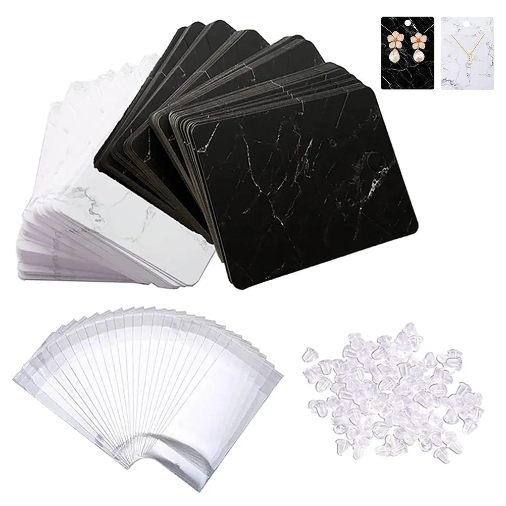 1Set Jewelry Display Cards Earring Necklace Paper Cards Marble Pattern Rubber Backs Store Display Hanging Accessories Organizer