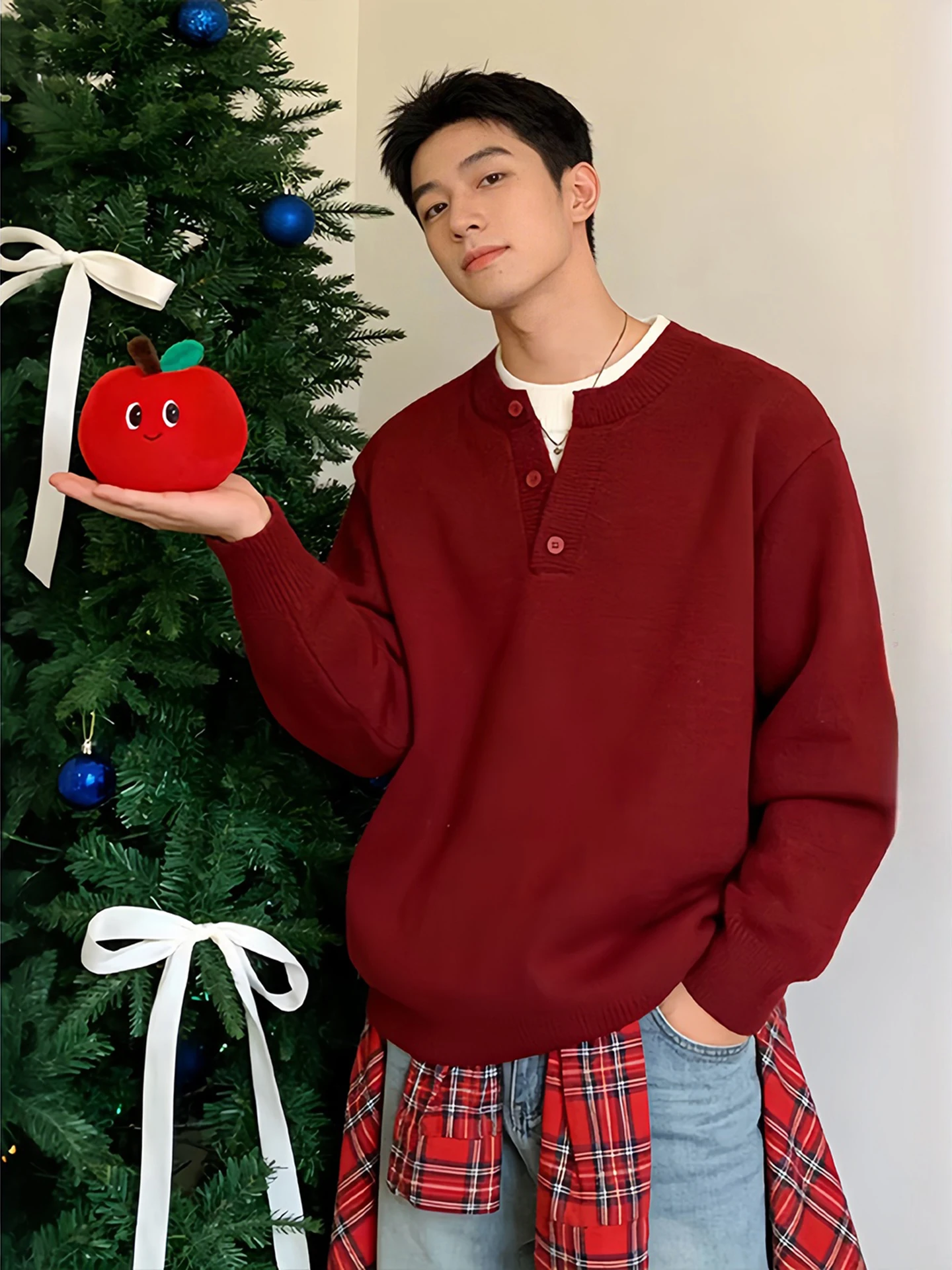 

Red V-Ne Knit Sweater Fake Two-Piece Set Men's Autumn Winter High-End Feeling Haome Lazy Knitted irt American Sle