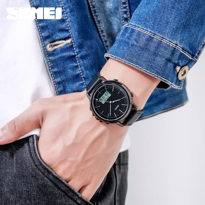 SKMEI 1652 Men Chrono Alarm Digital Mens Wristwatch Leather Strap Waterproof Watch reloj hombre Dual Display Casual Watches