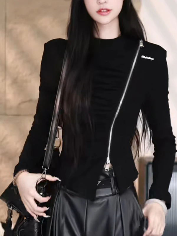 

Sli Pleated Zipper Thin Korean Version Beautiful T-irt Autumn Winter Top Quali Material High Waist Commute Sle