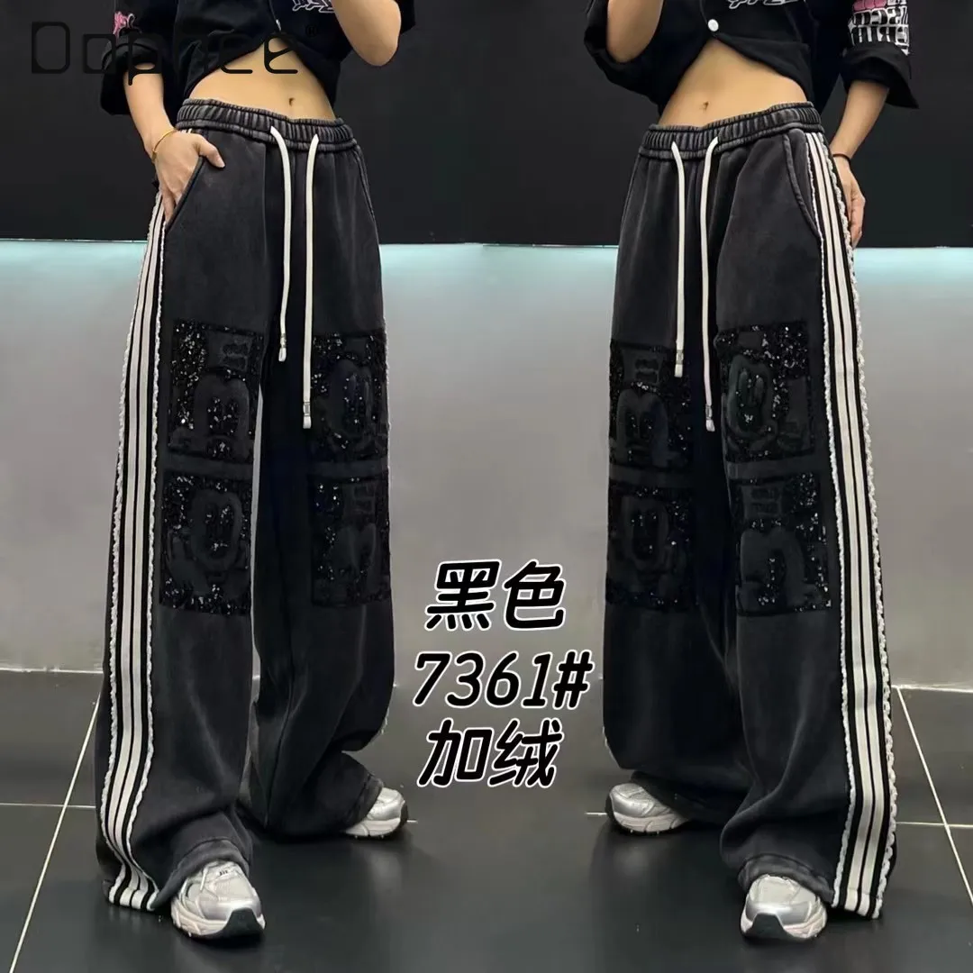 

Winter New Fleece-Lined Casual Pants for Women Heavy Cartoon Sequins High Street Slimming Wide-Leg Trousers