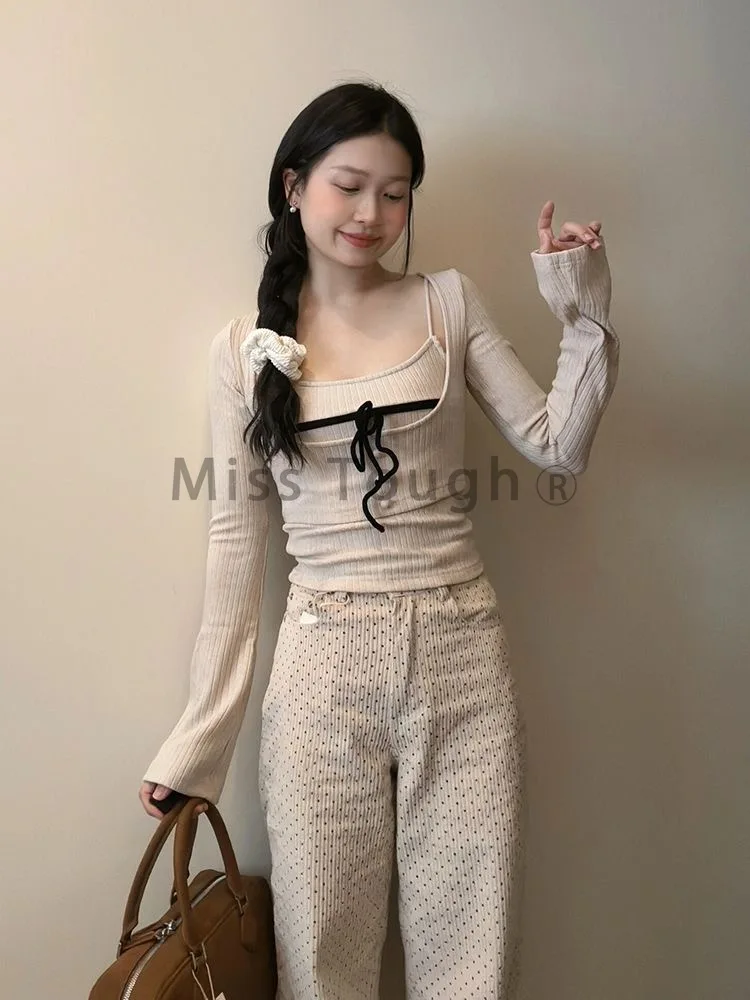 Elegant Knitted Two Piece Sets Sweater Top Women Harajuku Sweet Vintage Office Slim Pullovers Bow Korean Fashion Casual Tops New