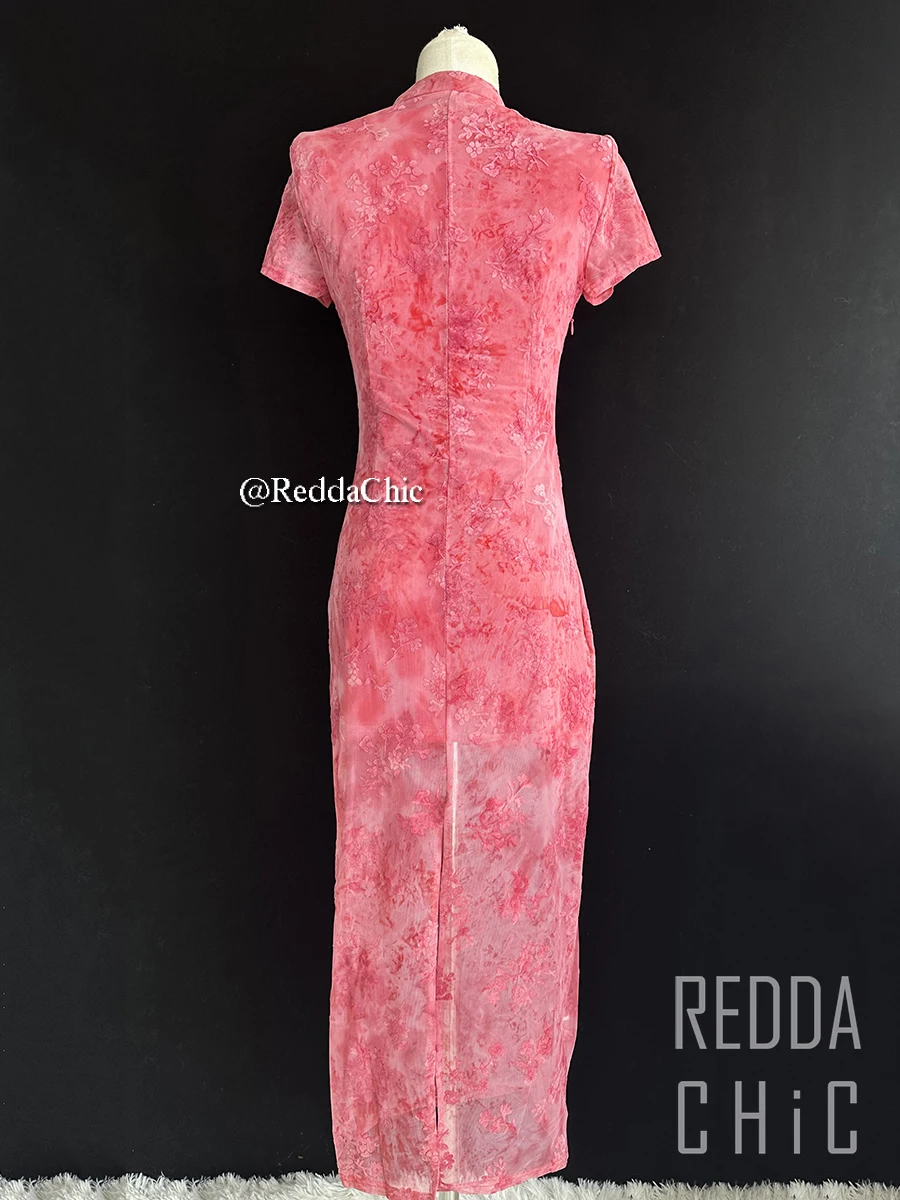 ReddaChic Vestido largo de una pieza para mujer, malla fruncida, Red Desire, fruncido, recortado, cuello alto, flocado, flor, Cheongsam, Ropa Retro