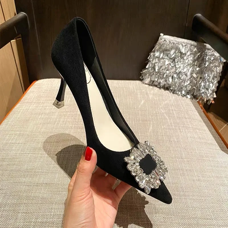 High heeled women's shoes 2024 suede black professional work temperament stunning rhinestone slim heel women's single shoes