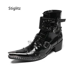 Men's Black Genuine Leather Chelsea Boots Belt Buckle High Heeled Ankle Boots 6.5Cm Side Zipper Business Dress Male Shoes