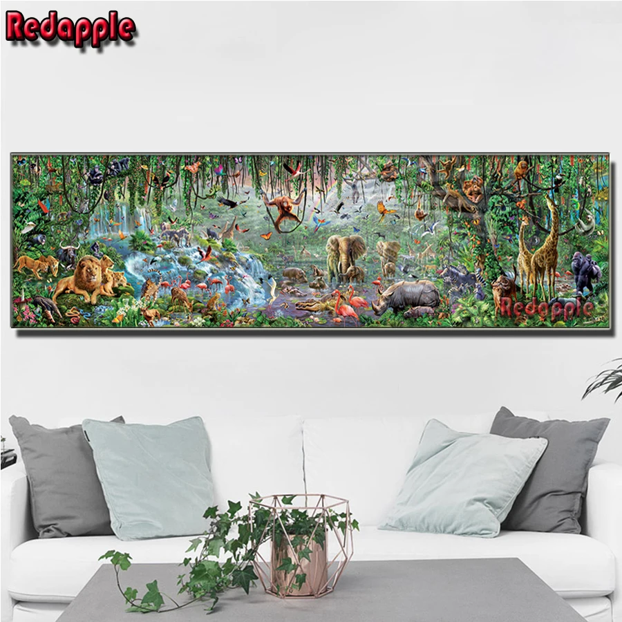 Diamond Mosaic Forest Animals Family Picture of Rhinestones, Animal Painting, Zoo Landscape, Embroidery, Large Size Decor