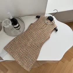 Luxury Autumn Winter Young Girls Colour Tweed Mini Dress Vintage Sweet Women Diamonds Sleeveless Tank Weave Woolen Party Clothes