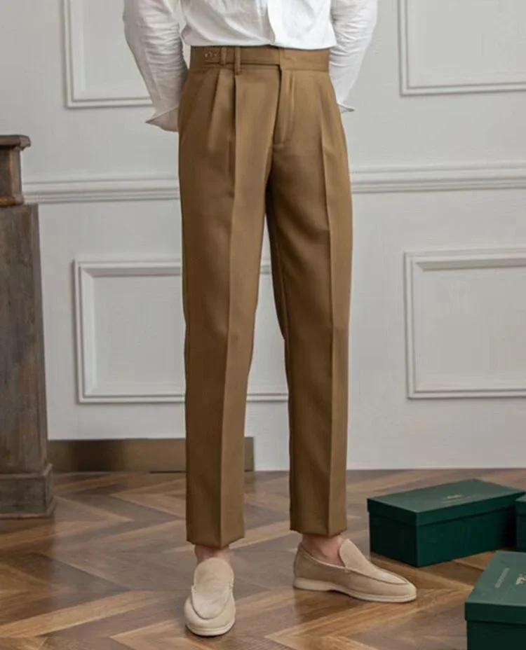 

Мужские костюмы, брюки, качественная ткань с высокой талией, плиссированные 9, укороченные деловые брюки для мужчин, классическое платье, элегантное платье