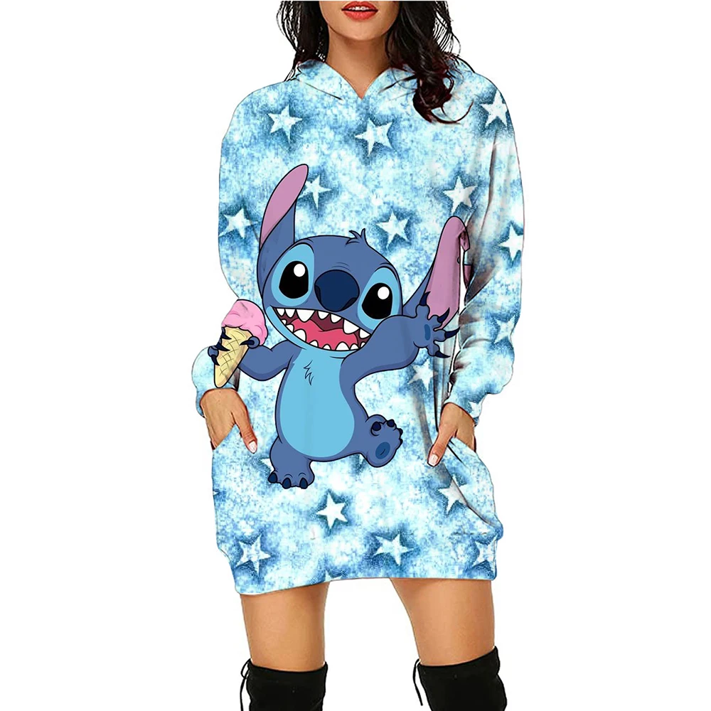 

Women's spring and autumn Disney printed Stitch cartoon women's street casual fashion sweater dress new long-sleeved hoodie dres