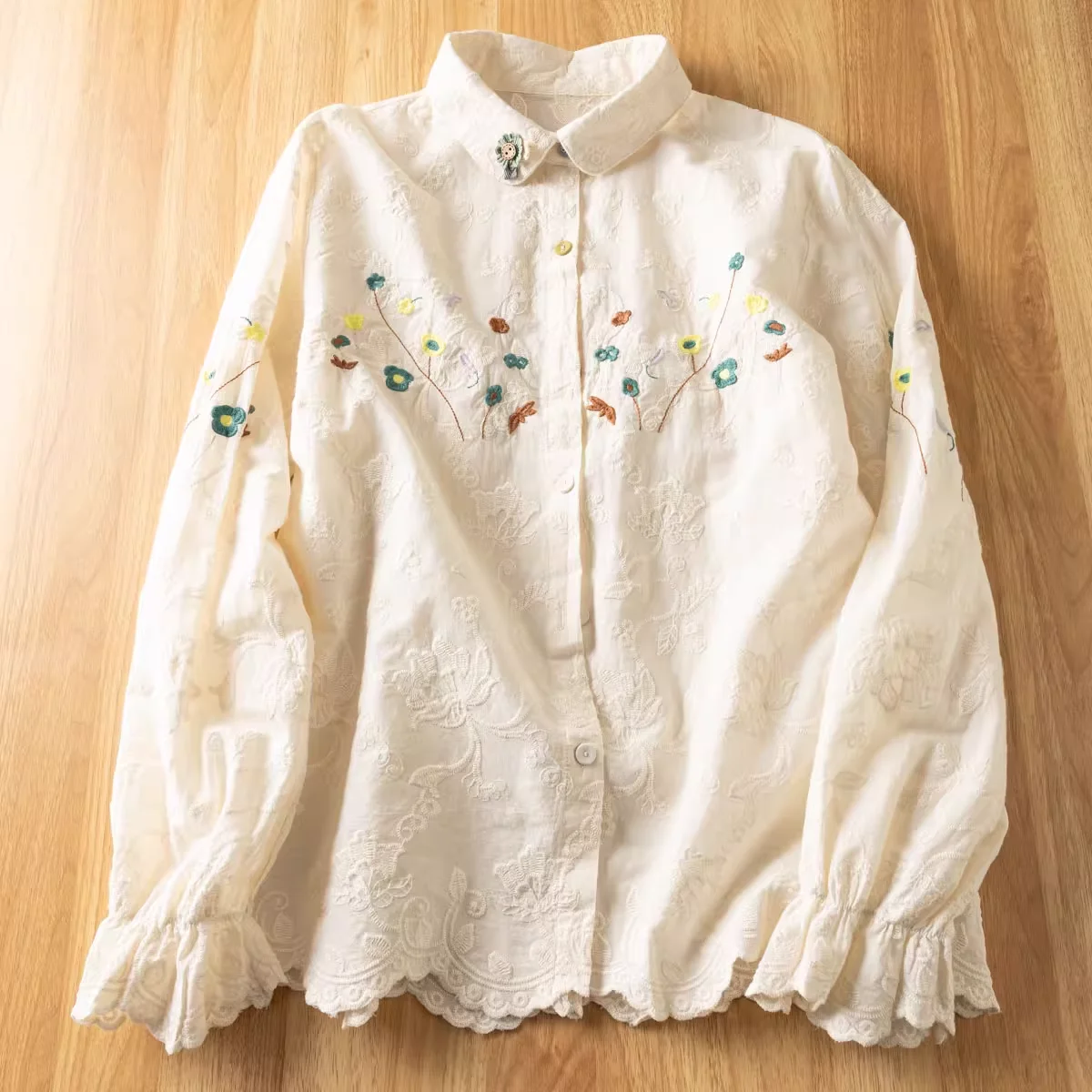 2025 Mori girl spring autumn white beige flower lace embroidery shirts and blouses 100% cotton boho chic clothes
