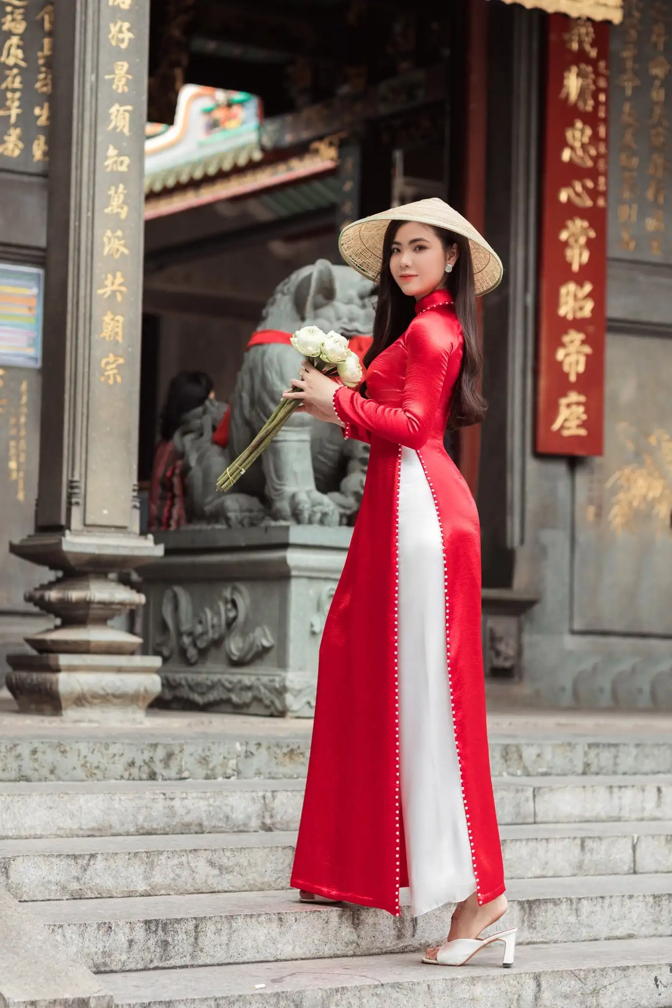 Customized  Red Women Aodai Vetnam Clothing Long Cheongsam Aodai Vietnamese Traditionally Dress