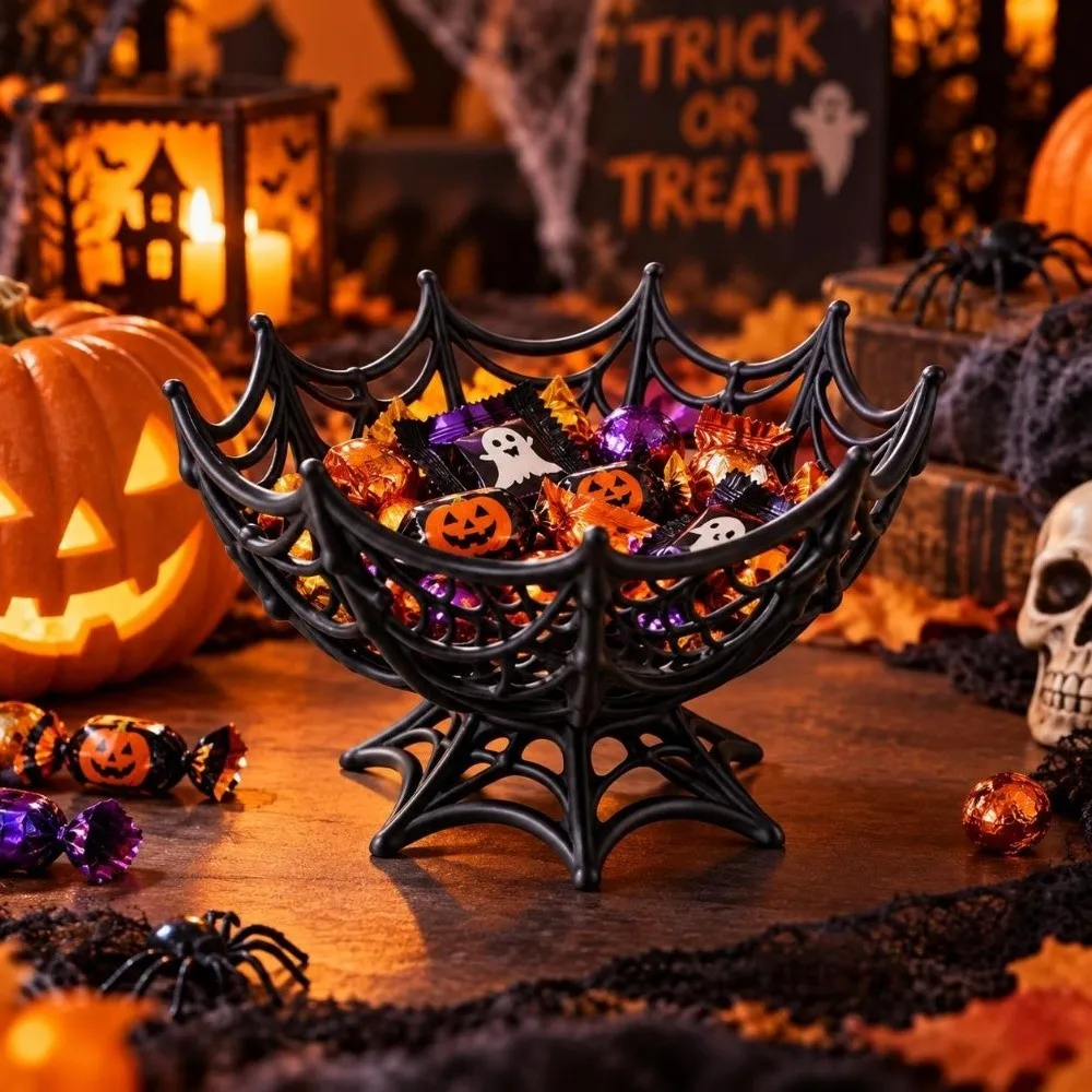 Hollow Out Halloween Spider Web Basket Creative Trick or Treat Decoration Candy Basket Reusable Plastic Biscuit Basket