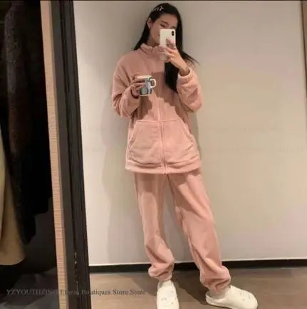 Winter Female Pajamas Set Sleepwear Warm Coral Fleece Trouser Pijamas Suit with Pocket Loose Thick Flannel High Collar Home Wear 5
