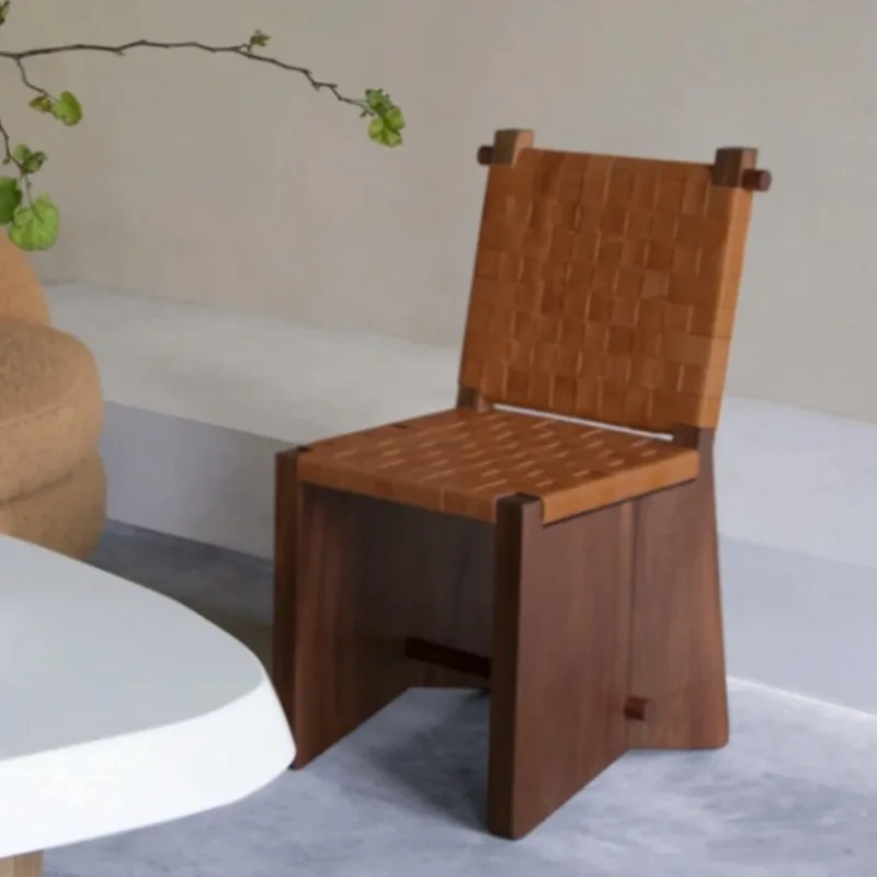 

Simple Saddle Leather Weaving Dining Chairs Retro Wooden Dining Room Furniture Luxury Multifunctional Creative Home Furniture