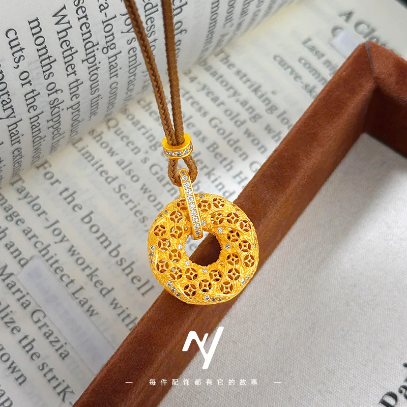 New Chinese Style 9999 24K Real Gold Ancient Gilt Brushed Gold Copper Coin Safety Buckle Diamond-set Gold Braided Donut Necklace