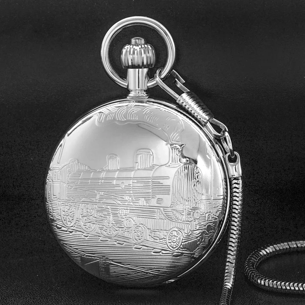 Antique Silver Steam Train Design Automatic Mechanical Men's Pocket Watch Gift Antique Steampunk Fpb Chain Timepiece PJX1772