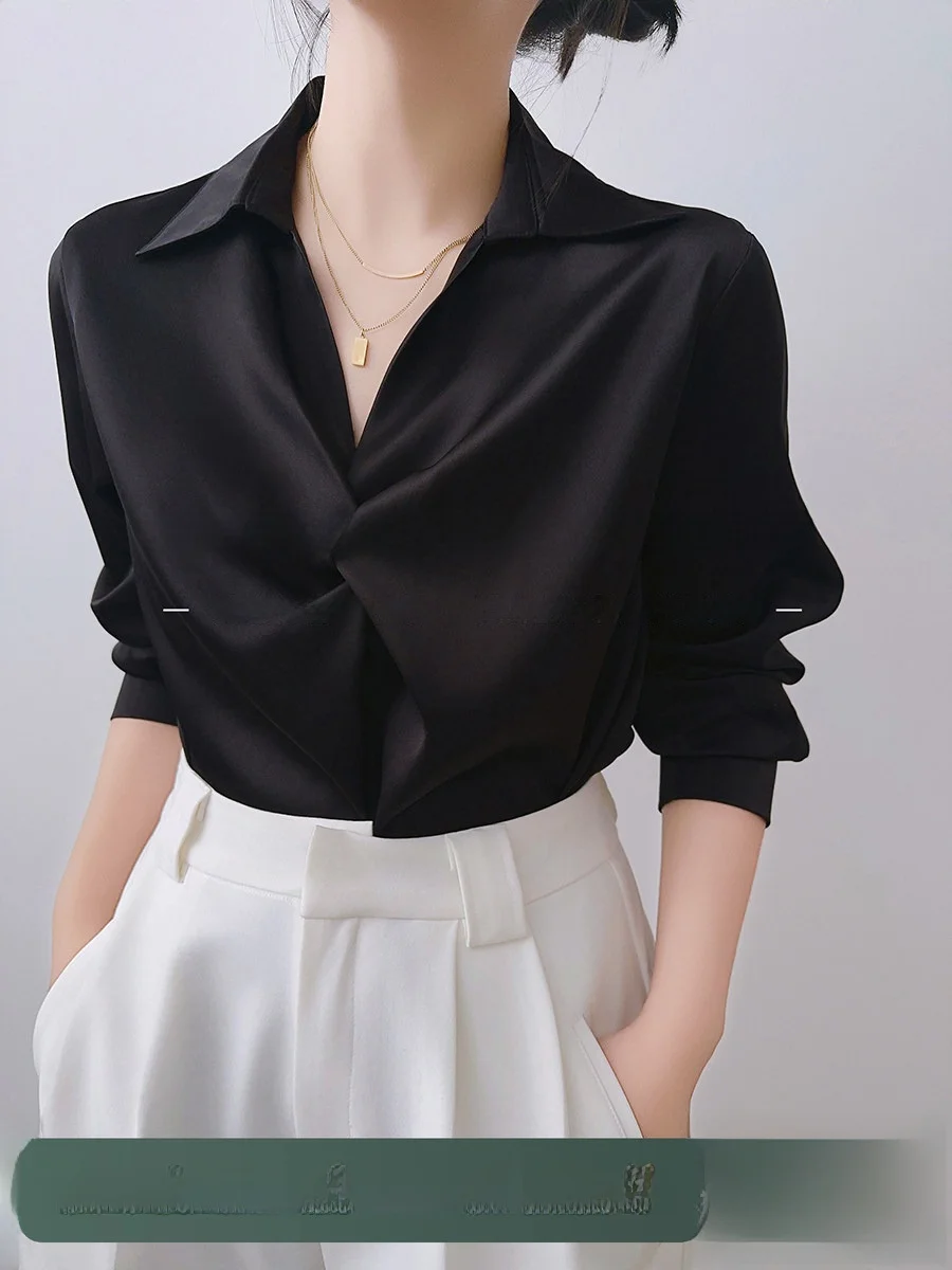 

Bla Satin irt Women's V-ne Office Profional Top Commute Outfit XALI Ele Self-evident Straight-cut Long Sve