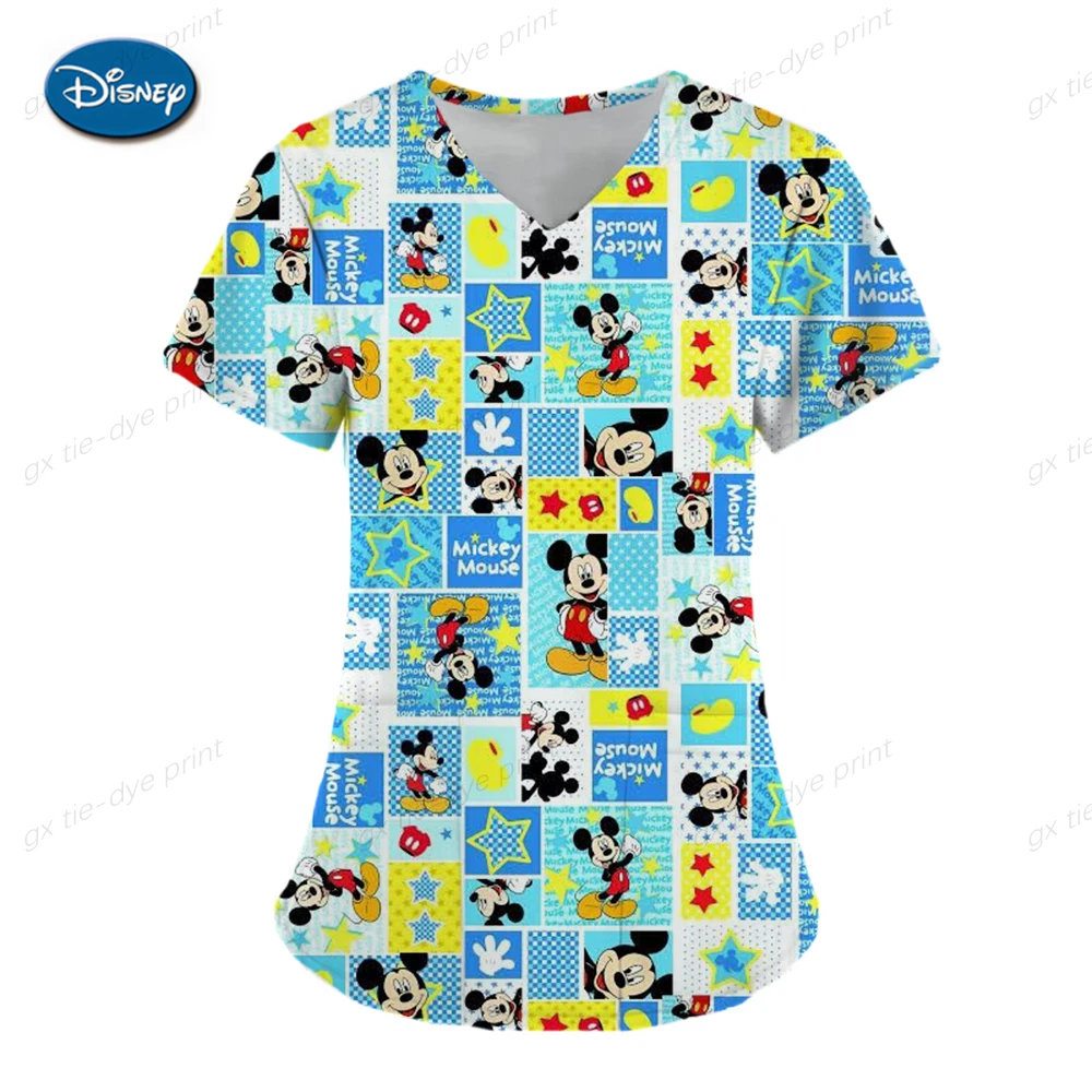 Summer Nurse Uniform Disney Mickey Mouse Print Pattern Dentist Beauty Salon Pet Shop Work Clothing V Neck Pocket T-Shirt Tops