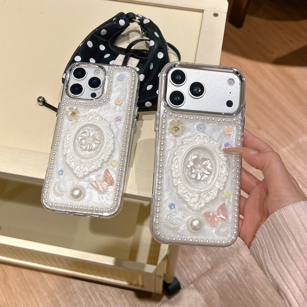 

Luxury Vintage 3D Flowers White Bead Photo Frame Drop Glue Shock Proof Phone Cover Case for iPhone 17 16 15 14 13 Pro Max Plus
