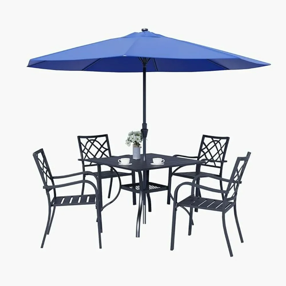 5-Piece Outdoor Wrought Iron Chairs and Table Patio Dining Furniture Set - 4 Stackable Metal Chairs