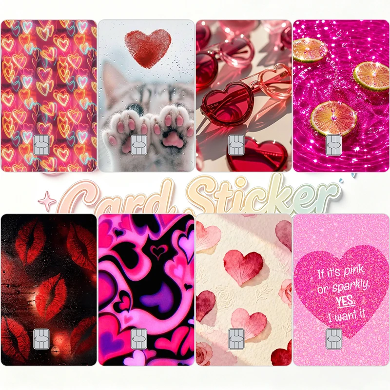 DIY Y2K Pink Neon Heart Cat Paw Lip Print Credit Card Skin Stickers Removable Waterproof Scratch-Resistant Bank Debit Card Decal