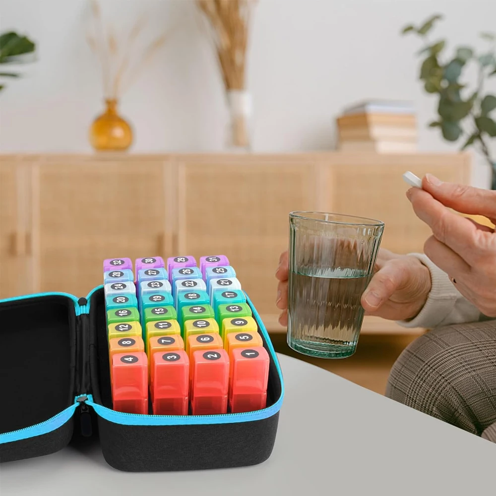 Monthly Pill Organizer 3 Times A Day, Medicine Organizer Box with Portable Hard Shell, Pills Box with Monthly and Weekly Sticker