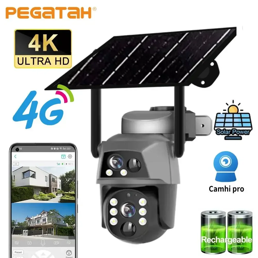 

Двойной объектив 4G Солнечная камера 8MP 4K Двойные PIR-датчики Ночное видение Видео безопасности Водонепроницаемая батарея малой мощности IP Camara Camhi pro