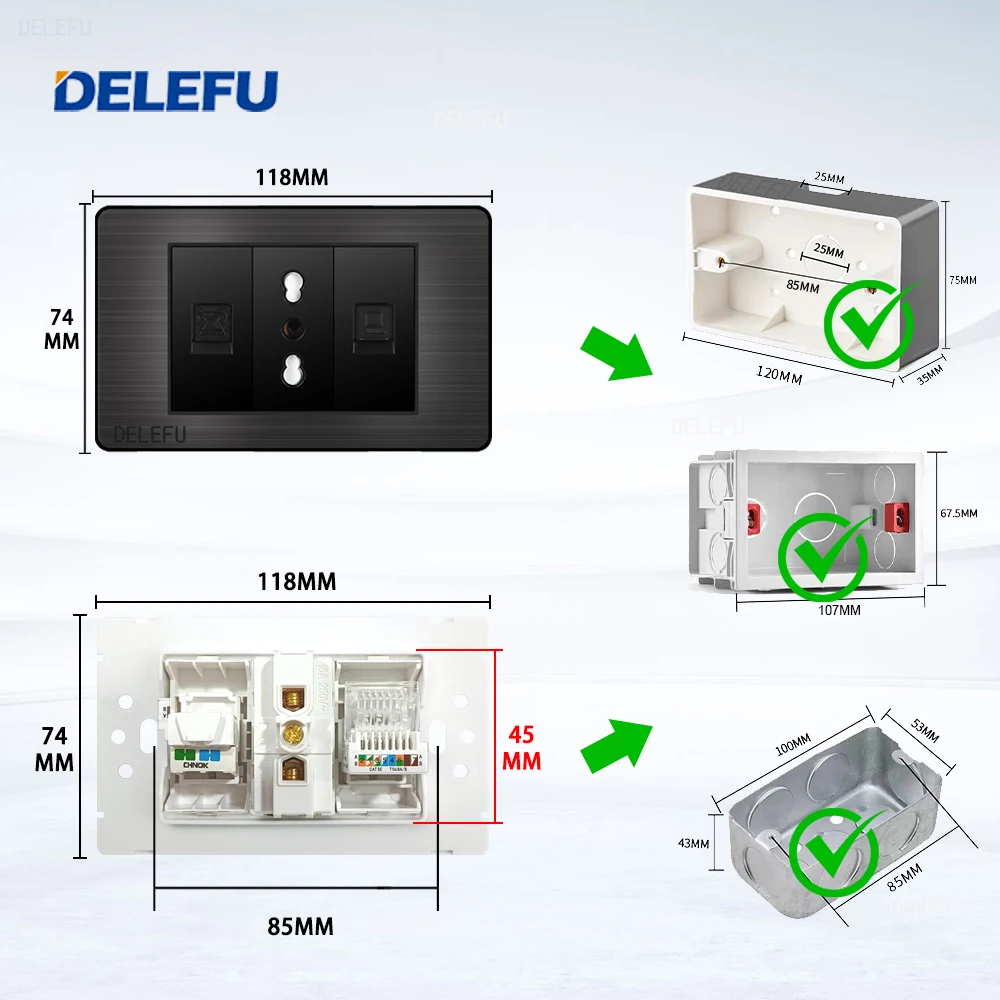 DELEFU Painel de aço inoxidável preto padrão italiano 118 * 74mm TEL CAT5E CAT6 TV tomada de parede via satélite