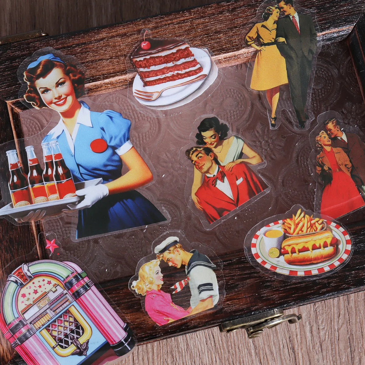 56 قطعة-64 قطعة PET والورق الفني ذاتية اللصق خمر 1950s النساء موضوع ملصق حزمة ، DIY بها بنفسك الحرف اليدوية ، لوازم سكرابوكينغ