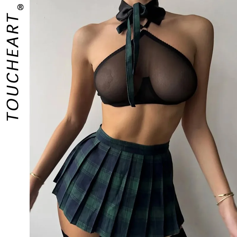 

Toucheart Lace Sexy Lingerie Pleated Skirt Patchwork See-through Cosplay Erotic Seductive Set Skinny Hollow Out Interesting Set