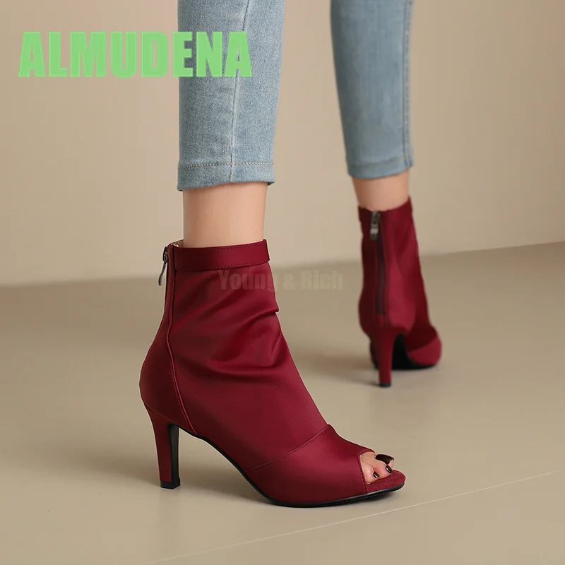

High Heels for Women Slim Heels, Round Toe Fish Mouth Cool Boots Jazz Dance Shoes Elastic Fabric Back Zipper Summer Short Boots