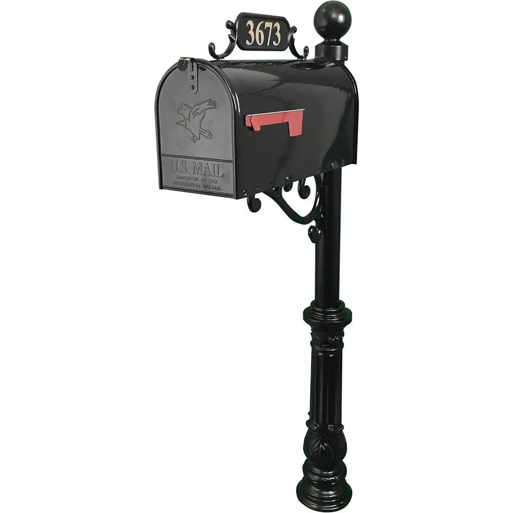 Mailbox with Post Combo – Black Aluminum Decorative Mailbox – Includes Address Plaque, House Numbers, Ball Finial, & Hardware