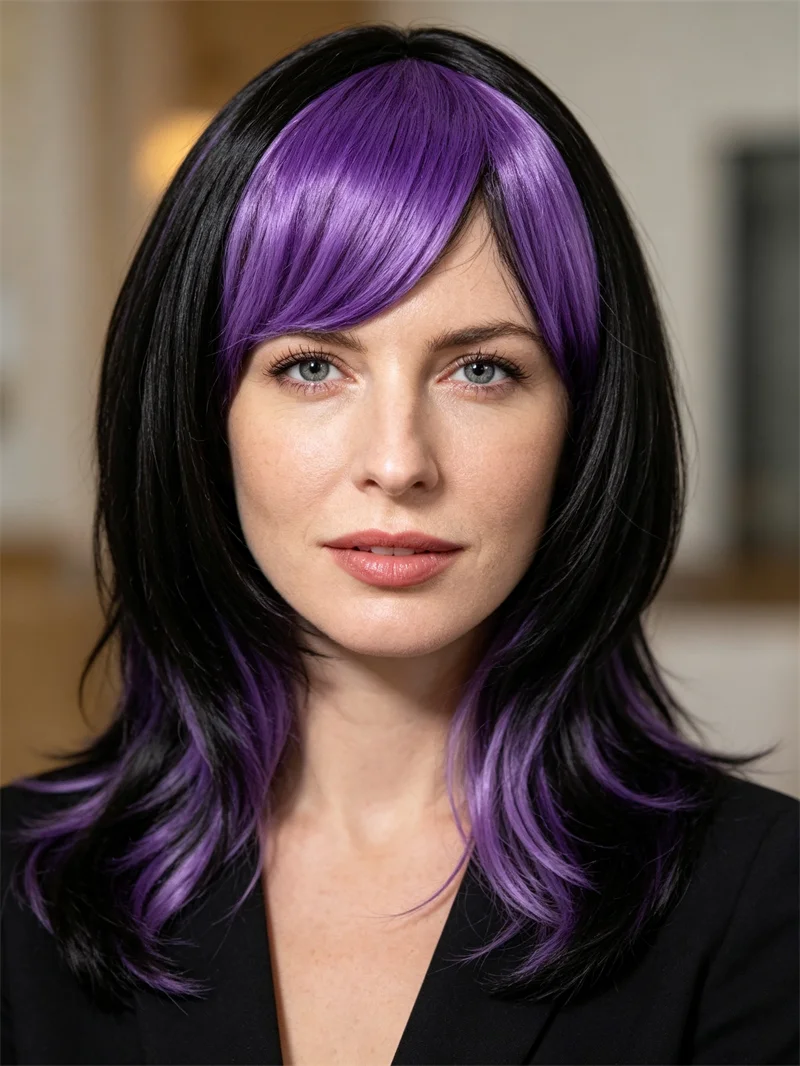 Black Purple Split Color Short Straight Wolf Cut Synthetic Wig Side Bangs Women Gothic Halloween Party Cosplay Hairpiece