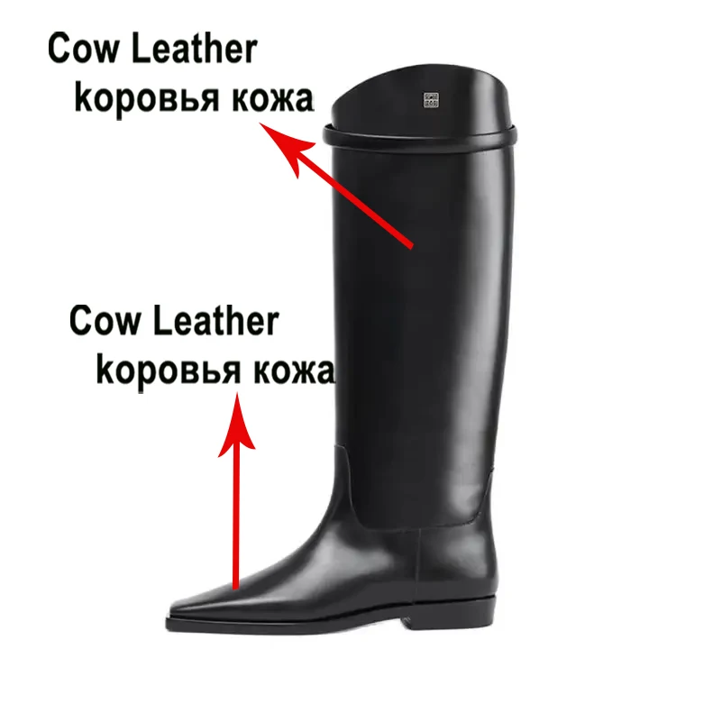 Meotina Women Genuine Leather Knee High Boots Square Toe Flats Concise Design Long Boots Ladies Fashion Shoes Winter Black 42